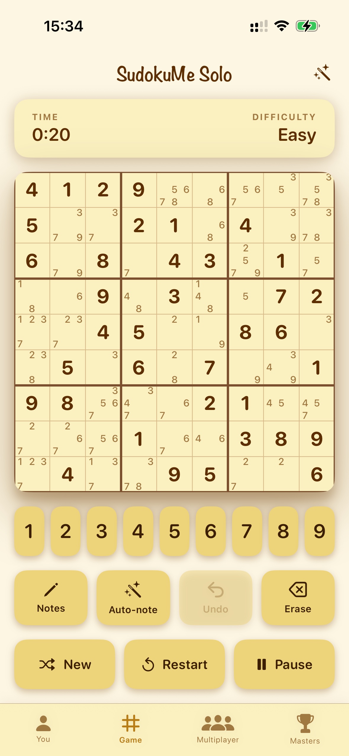 SudokuMe solo play screen with the warm paper board